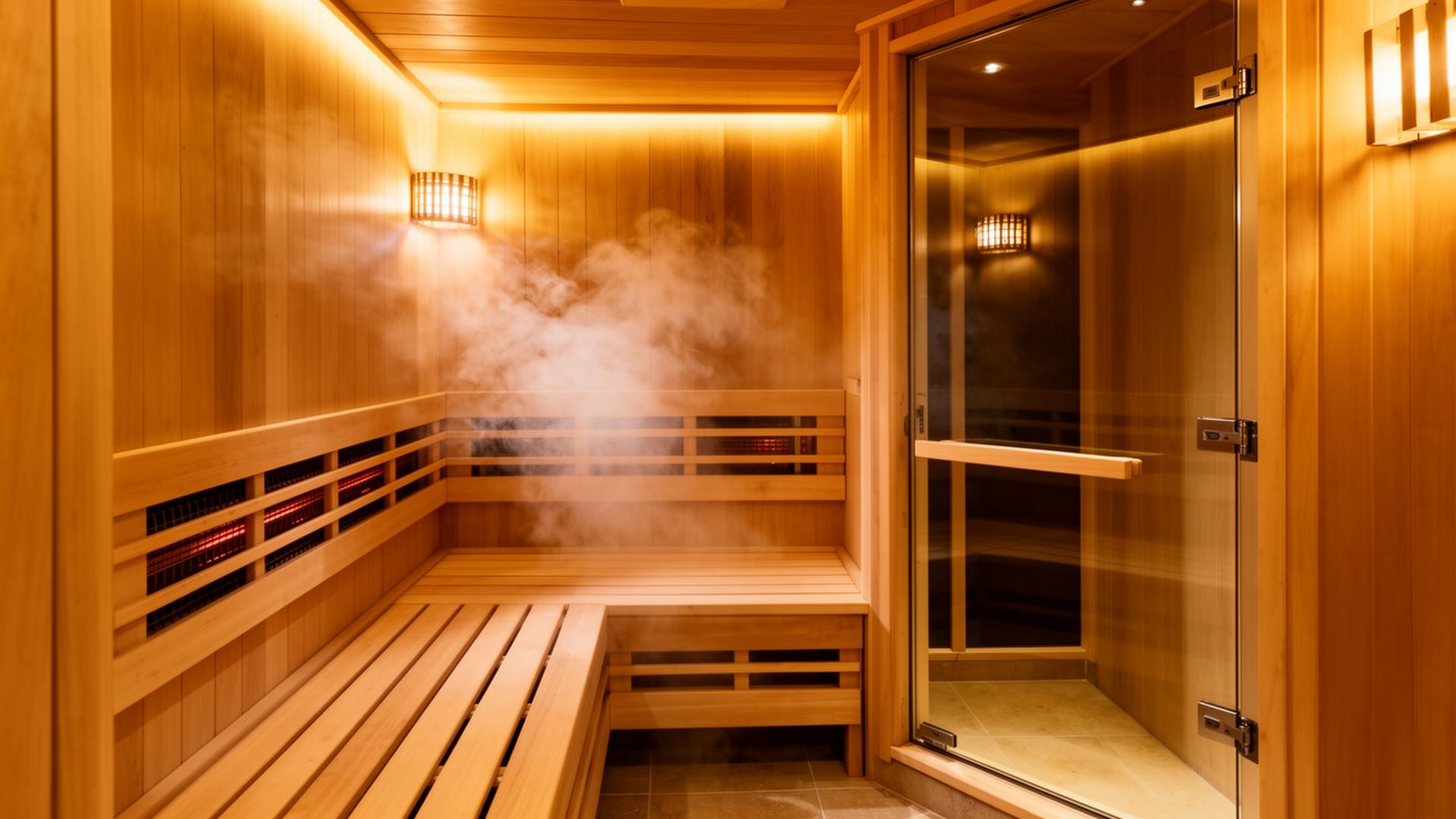Luxurious infrared sauna interior with warm wood and ambient lighting